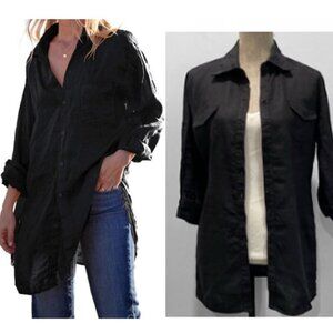 Lilibleu Linen Shirt Tunic Size Medium Black 3/4 Sleeve Button Down Blouse